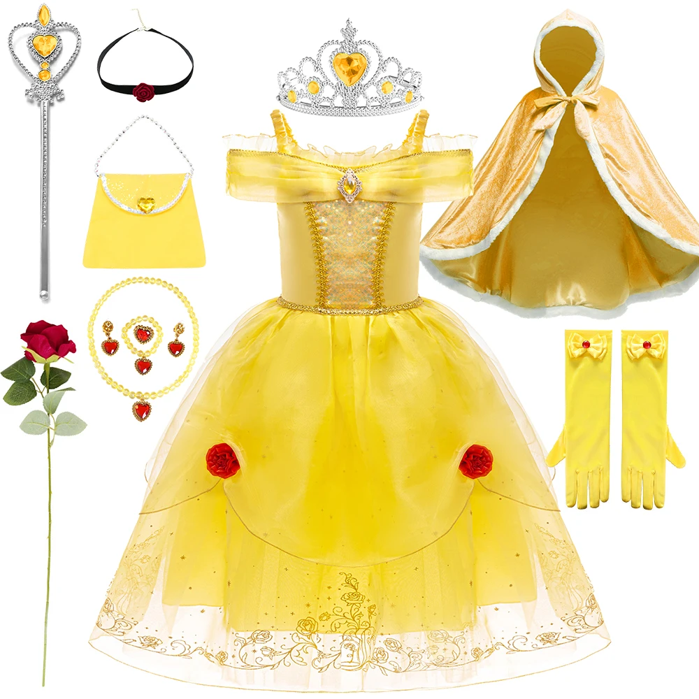 Beauty and the Beast Halloween Girls Princess Belle Costume Christmas Vintage Luxurious Yellow Shoulderless Rose Fluffy Dresses