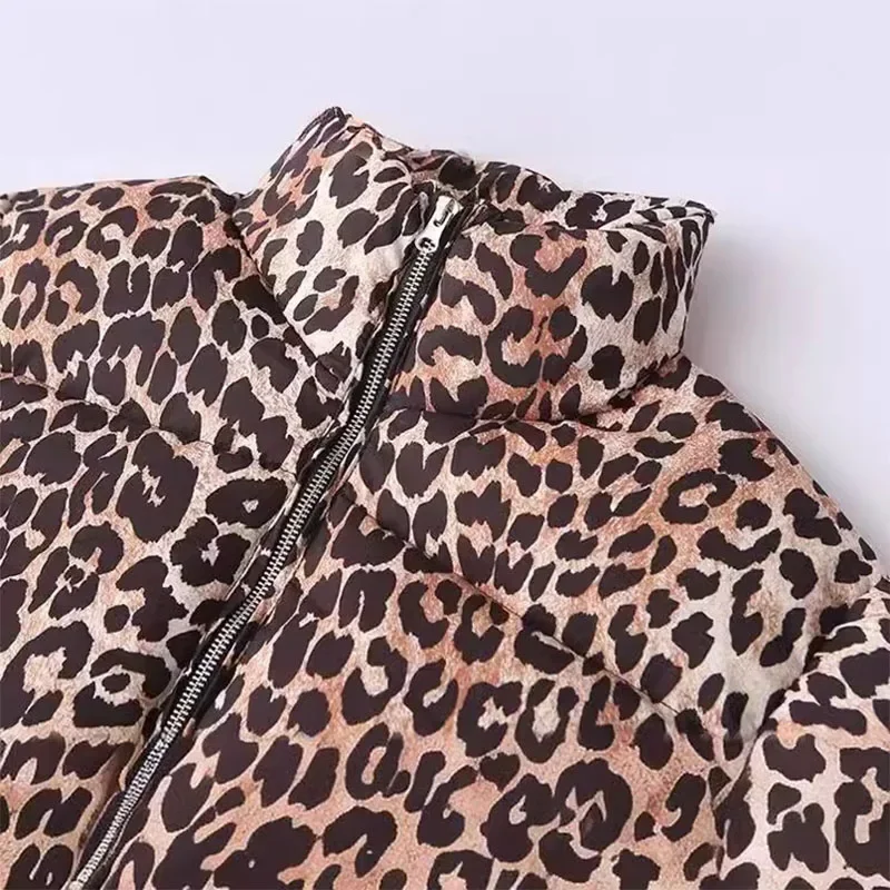 Parkas con estampado de leopardo para mujer, abrigos acolchados de manga larga, chaquetas de algodón para mujer, prendas de vestir exteriores con cremallera y cuello levantado 2024