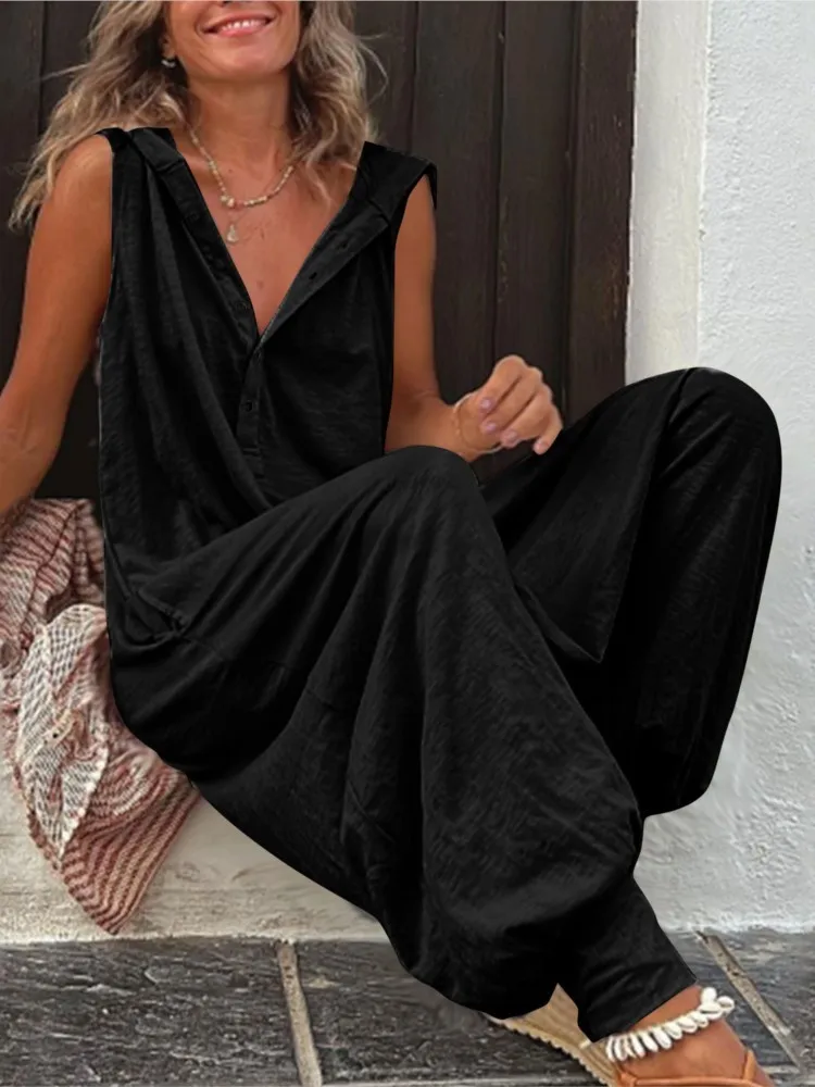 Combinaison à col à capuche en fibre pour femme, poche boutonnée, pantalon baggy décontracté, combinaisons pour femme, mode printemps et été