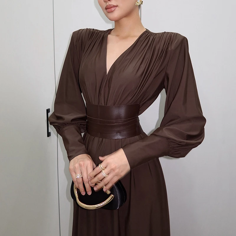 Elegante simples comute vestido longo 2025 outono inverno novo vestido feminino vintage lazer cintura alta plissado puff manga vestido de festa