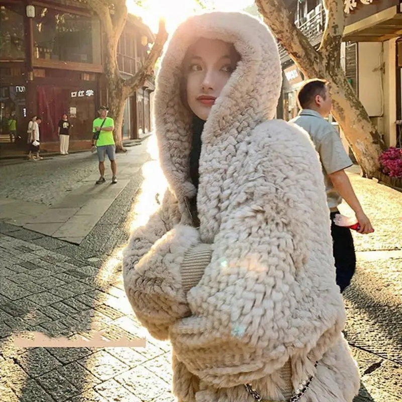 In 2022, The New Imitation Rex Rabbit Fur Coat for Women Winter Short Lamb Plush Loose Hooded Mao Mao Coat.