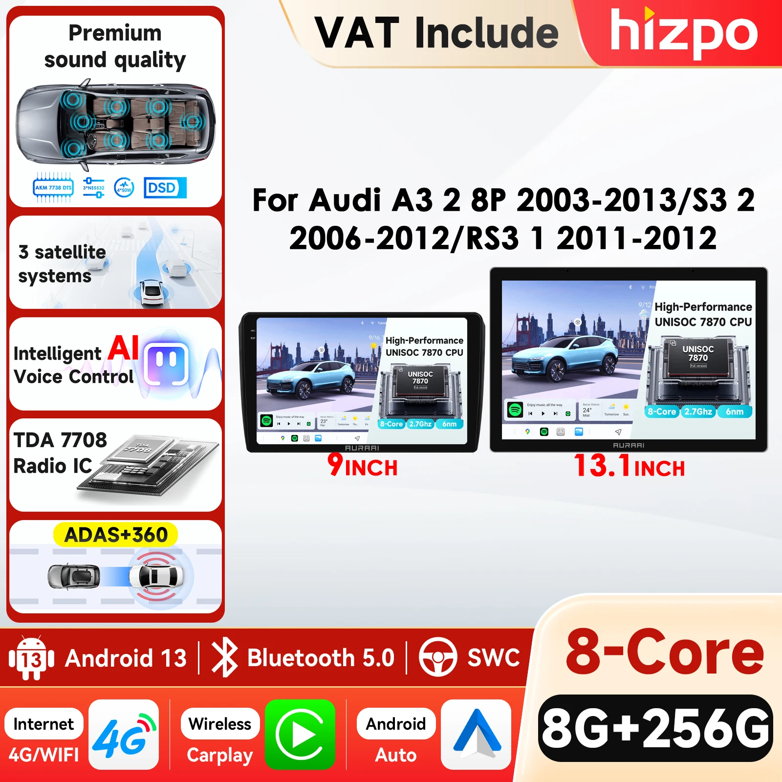 Hizpo 8+256GB Écran intelligent pour voiture Audi A3 8P 2003 - 2011 S3 RS3 Sportback CarPlay Radio GPS RDS 4G Stéréo Multimédia WIFI Systèmes intelligents pour voiture Écran tactile QLED IPS Navigation Moniteur Unité centrale automobile Écran partagé en 3 Caméra ADAS 360°