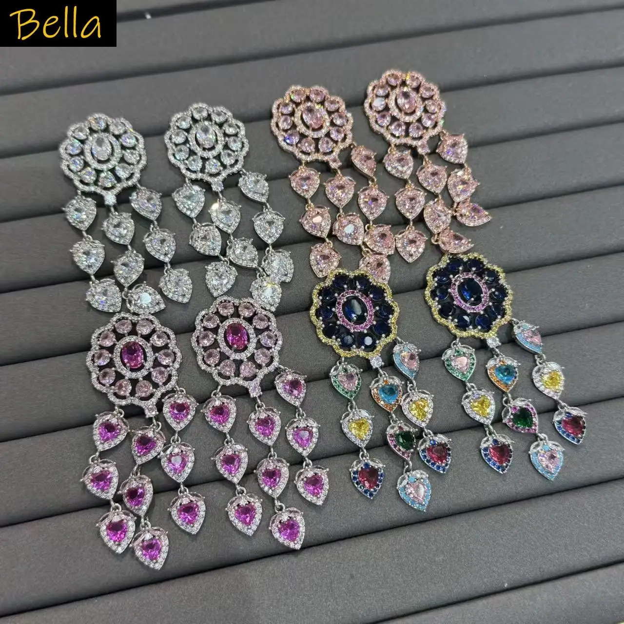

cubic zirconia earrings for women wedding dinner party luxury jewelry pink fushia white multicolor heart drop dangling earrings