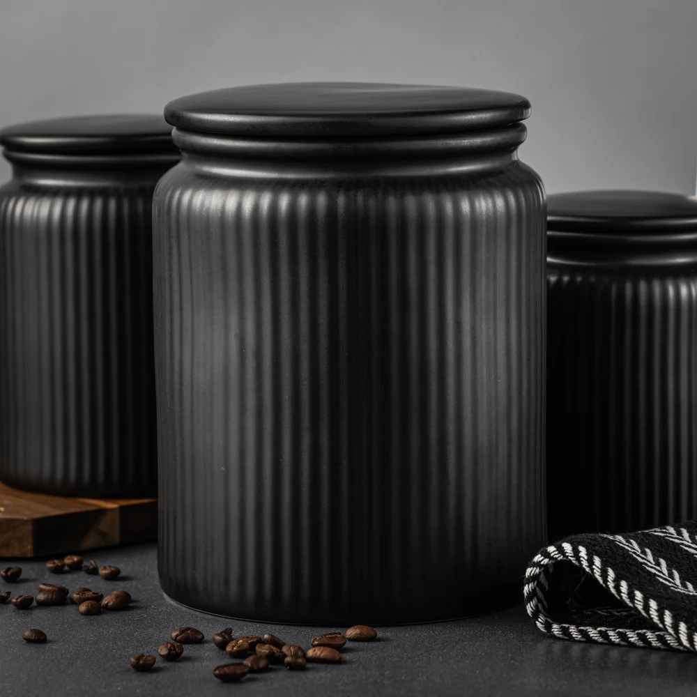 Large Airtight Ceramic Storage Jar Ribbed Design Kitchen Organizer Essential Coffee Tea Snacks