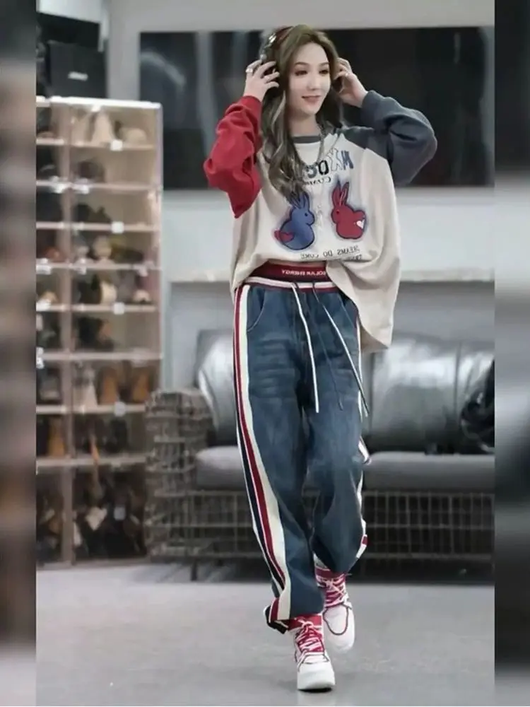 

plus Size 300 Pou Casual Spor Women's Two-Piece Set High Waist Long Pants T-irt Sweatpants Loose Fit Spring Autumn