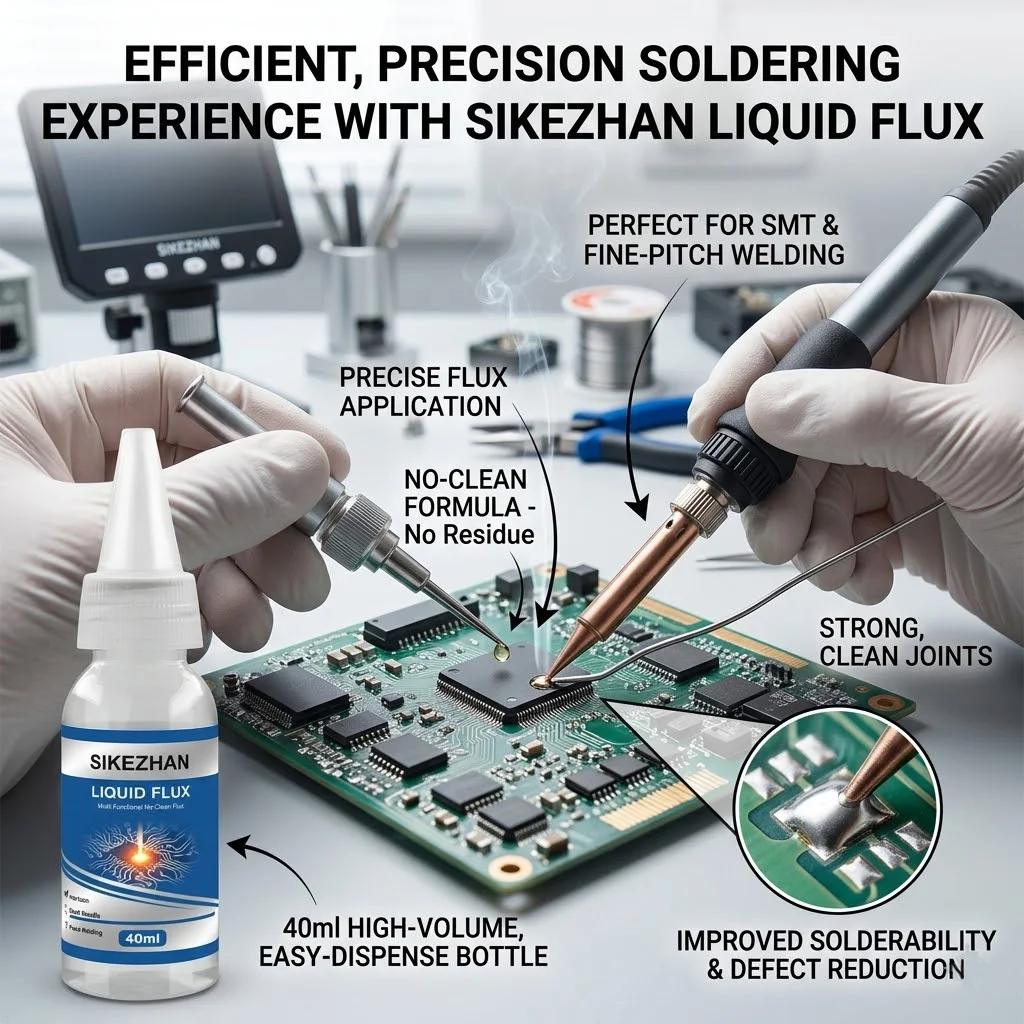SIKEZHAN Liquid Solder Flux 40ml & 900M-T-I Iron Tip Set, Precision Conical SMD/PCB Soldering DIY Repair Kit, Low Residue