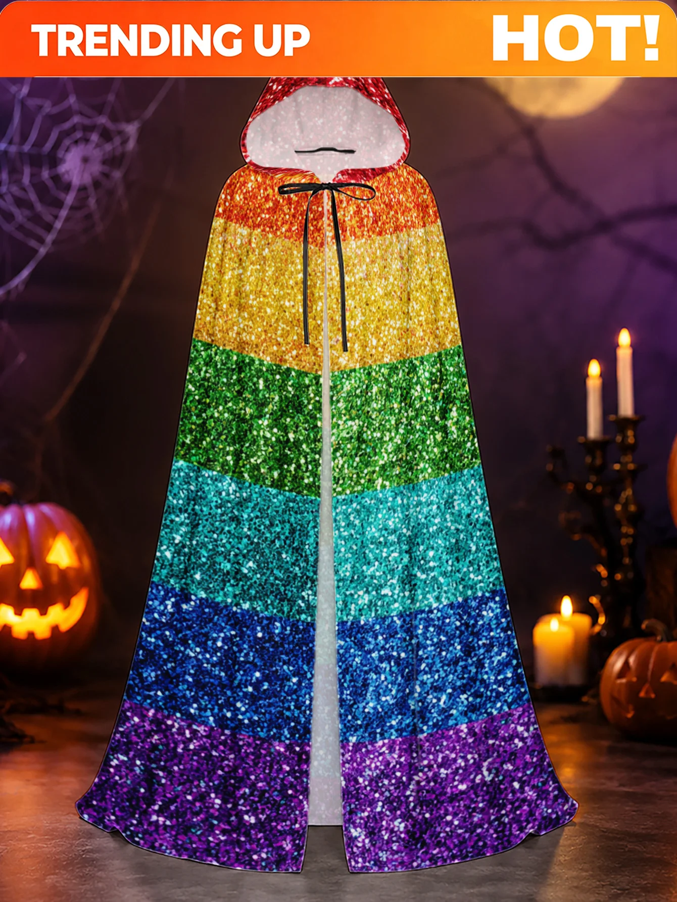 Customization 1pc, Adult Long Hooded Cape With Festive Glitter Rainbow Elements, Polyester Cloak For Halloween Spooky Events