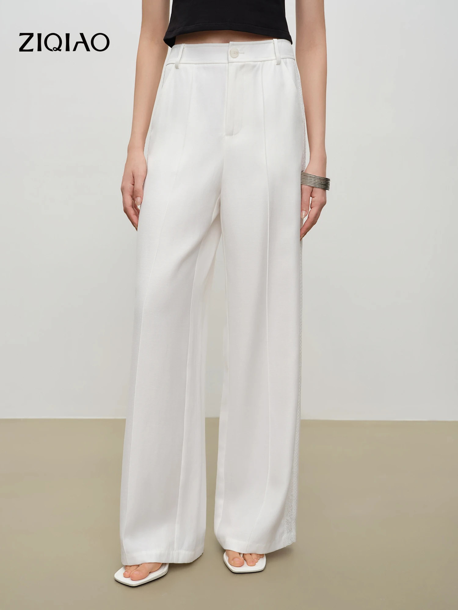 

ZIQIAO 2026 Spring Summer Women‘s Linen Blend White Pants Lace Trim Straight Wide Leg Pants High Waist Floor-Length Trousers