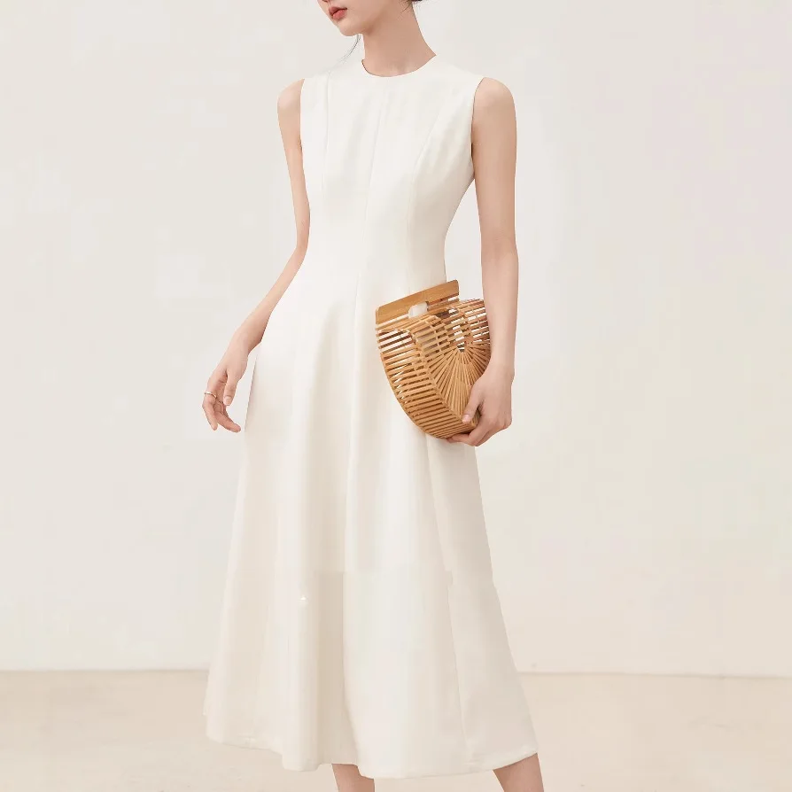 Frauen Sommer Frankreich Stil Elegante A-linie Empire Taille Kleid Oansatz Ärmel Einfarbig Einfache Weibliche Kleid Importierte Kleidung