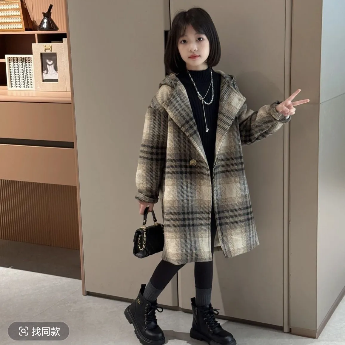 

Girls' Medium to Long Plaid Woolen Coat Spring Autumn Fashion Children's Hooded Overcoat with Clip Cotton Thick Warm