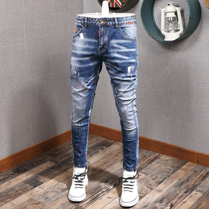 Fashion Streetwear Men Jeans Retro Blue Elastic Slim Fit Ripped Jeans Men Painted Designer Elastic Hip Hop Denim Pencil Pants