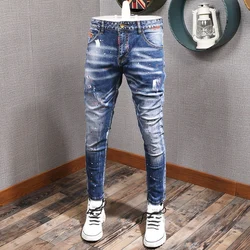 Fashion Streetwear Men Jeans Retro Blue Elastic Slim Fit Ripped Jeans Men Painted Designer Elastic Hip Hop Denim Pencil Pants