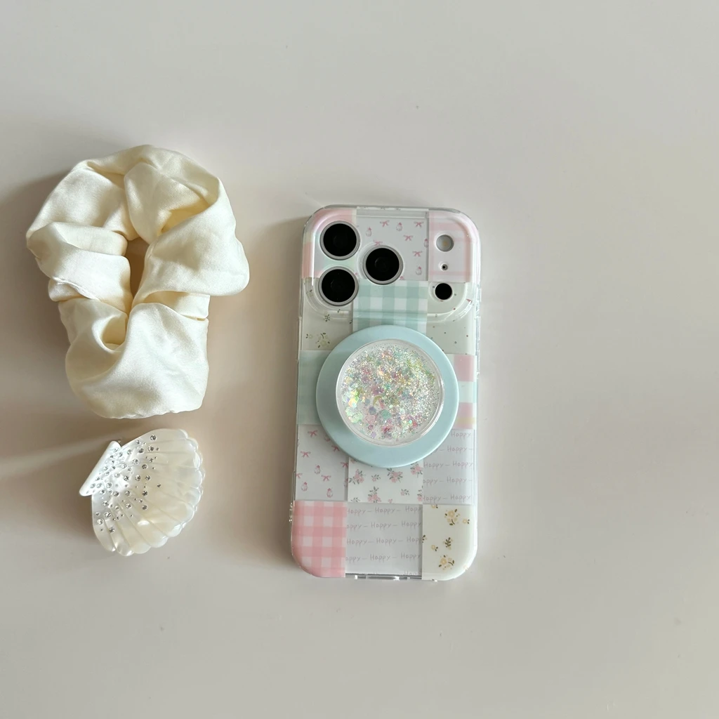 Cute Patchwork Plaid Floral With Liquid Quicksand Holder Mag