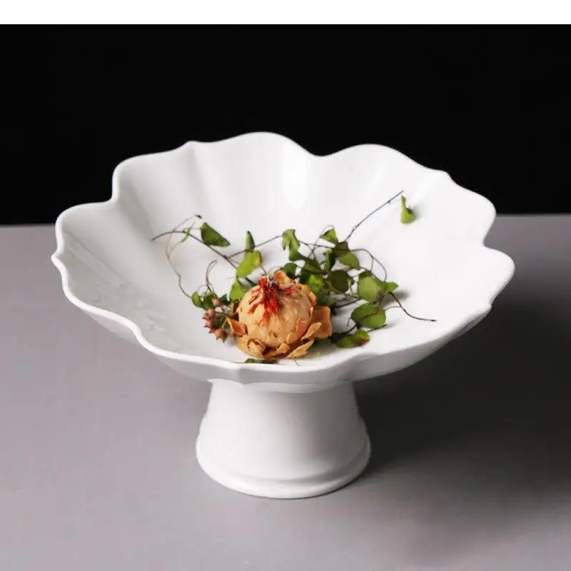 Ceramic Irregular Shape Snack Dessert Plate High Feet Fruit Pastry Tray Simple Home Solid Color Cutlery Cake Stand Dinner Plates