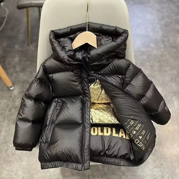 Winter jacket for Boys Girls Medium Length Down Jacket Black Thickened Zipper Hooded Coat Big Childrens Kids Jacket