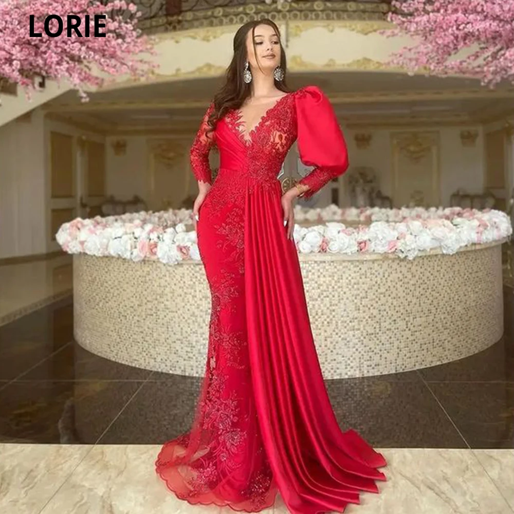 LORIE Fashion Red Scoop Mermaid abiti da sera da sera maniche lunghe Dubia abiti da ballo Appliques abito formale Robe De Mariee 2022