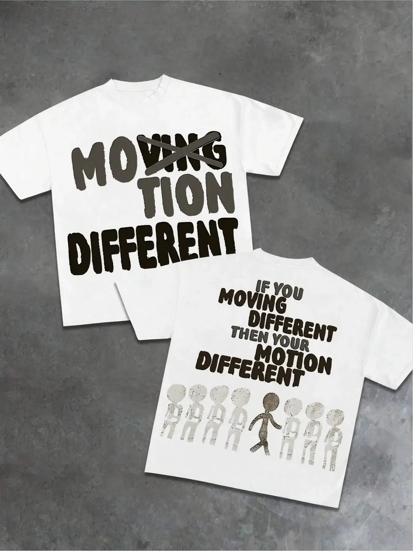 2026 Moving Motion Different Vintage T‑shirt, Double‑Sided Bubble Letter Stick Figure Print, Y2K Hip Hop Unisex Oversized Tee