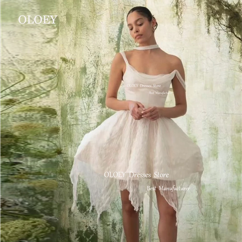 

OLOEY Ivory Short Wedding Dress Photoshoot Fairy Scoop Neck Bridal Gown Pleats Formal Party Evening Dress Zip Back Custom Made