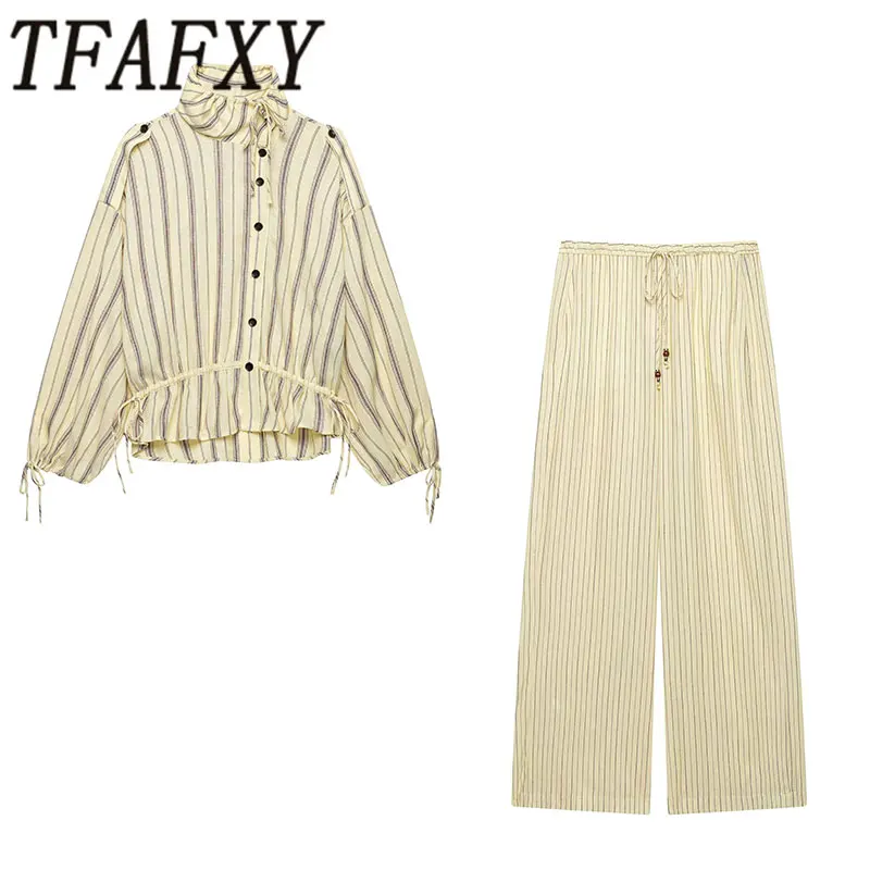 TFAFXY 2026 Autumn Women's Elegant Striped Blazer Suit Loose Button Blazer Wide-leg Pants Fashion Pants Set