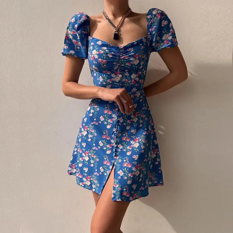 Concerky-Robe imprimée florale de style français pour femmes, manches bouffantes, mini robe décontractée, corset sans bretelles, été, 2024