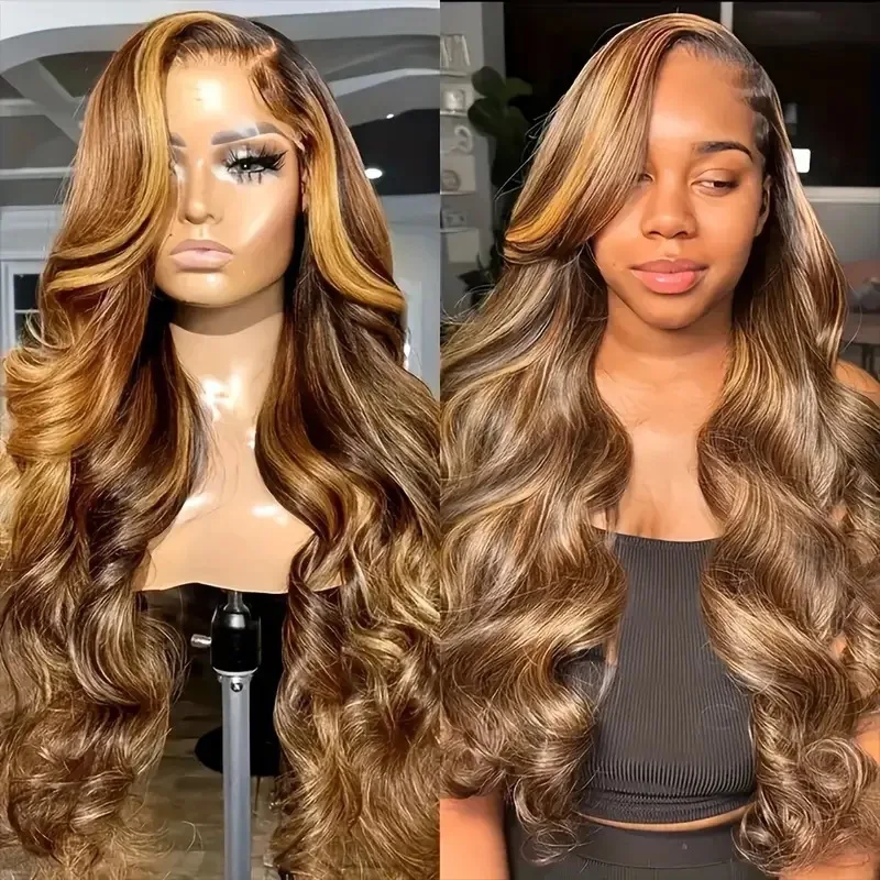 

13x4 Lace Front Ombre Brown Long Wavy High Temperature Fiber Wig Synthetic Hair for African American Daily Party Cosplay