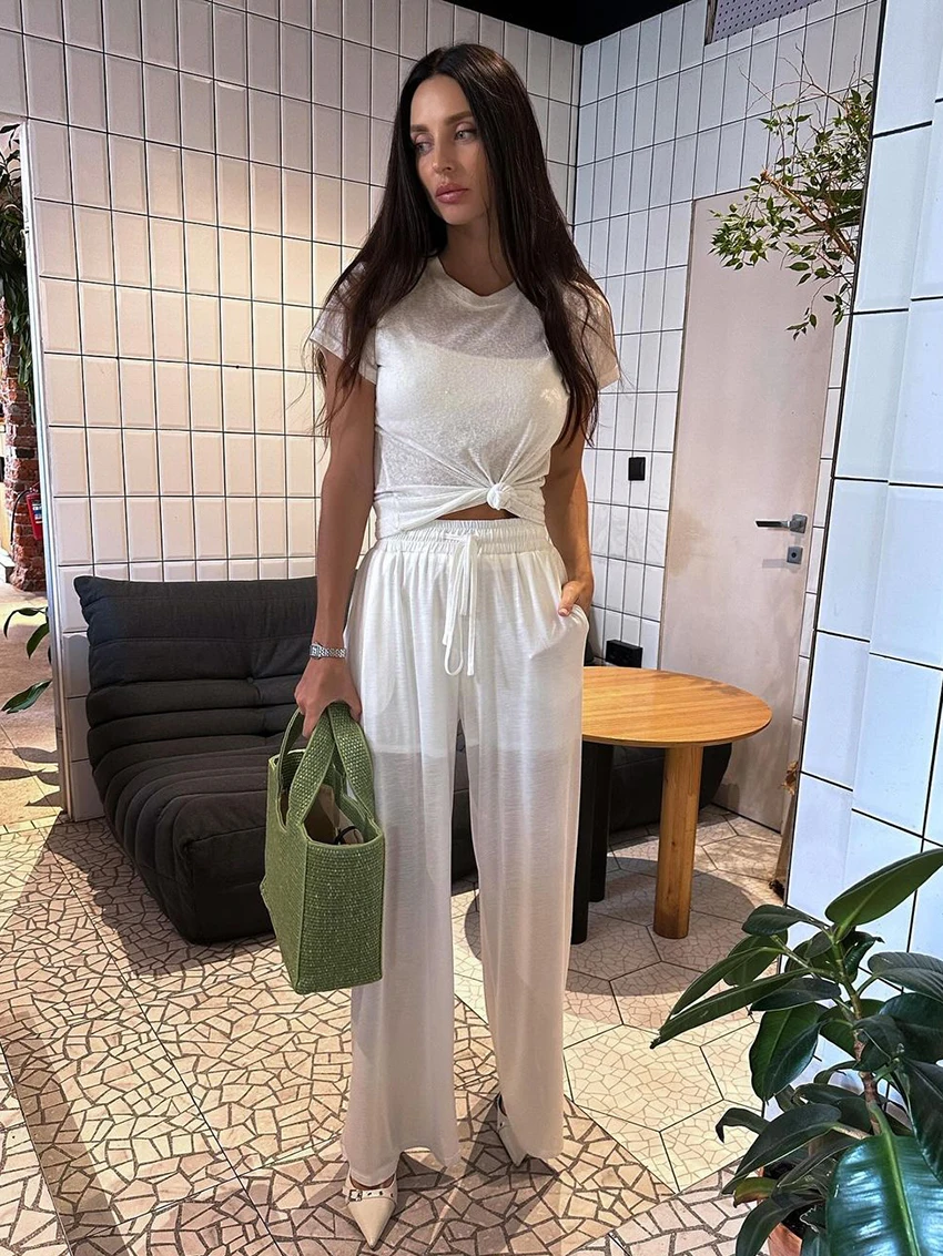 

Marthaqiqi Casual Women Nightwear Set O-Neck Sleepwear Short Sleeve Nightgowns Wide Leg Pants Clear Ladies Pajamas 2 Piece Suit