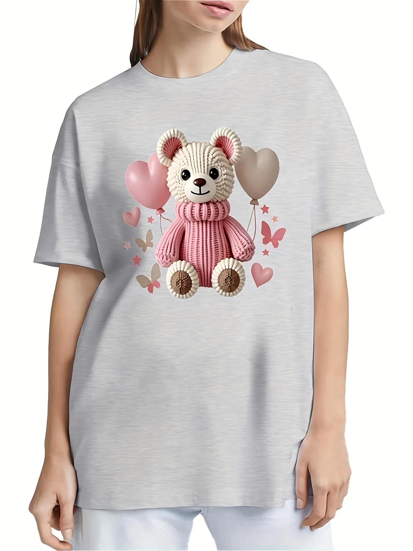 Equipaggio casual a maniche corte stampato ed elastico, adatto per l'uso quotidiano, simpatico orsacchiotto e palloncino da donna