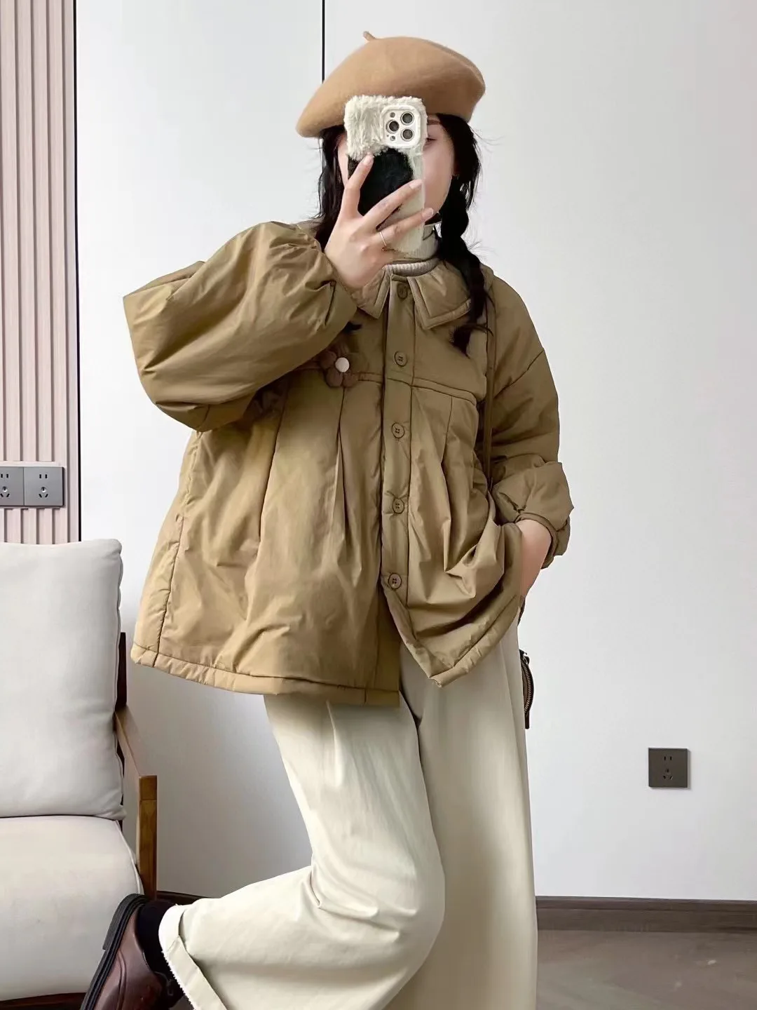 Novo casaco acolchoado de algodão de inverno 2025, feminino peter pan colarinho sólido, mori menina redução de idade chique quente solto outerwear c5d924cc