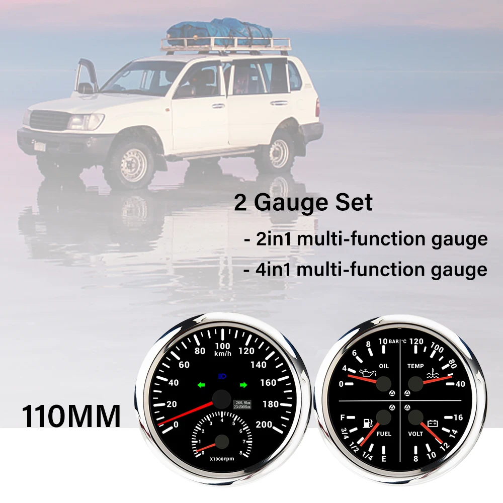 

ELING 110mm 2 Gauge Set Car 0-200km/h GPS Speedometer with 8000RPM Tachometer Oil Pressure Water Temp Fuel Level Voltmeter 12V