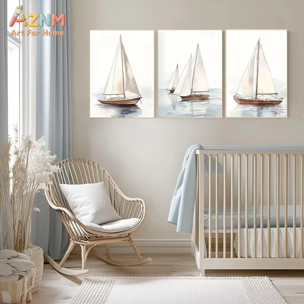 Watercolor Sailboat Print Set Coastal Nautical Wall Art Canvas Poster Prints Home Bedroom Living Room Decoration Room Gift