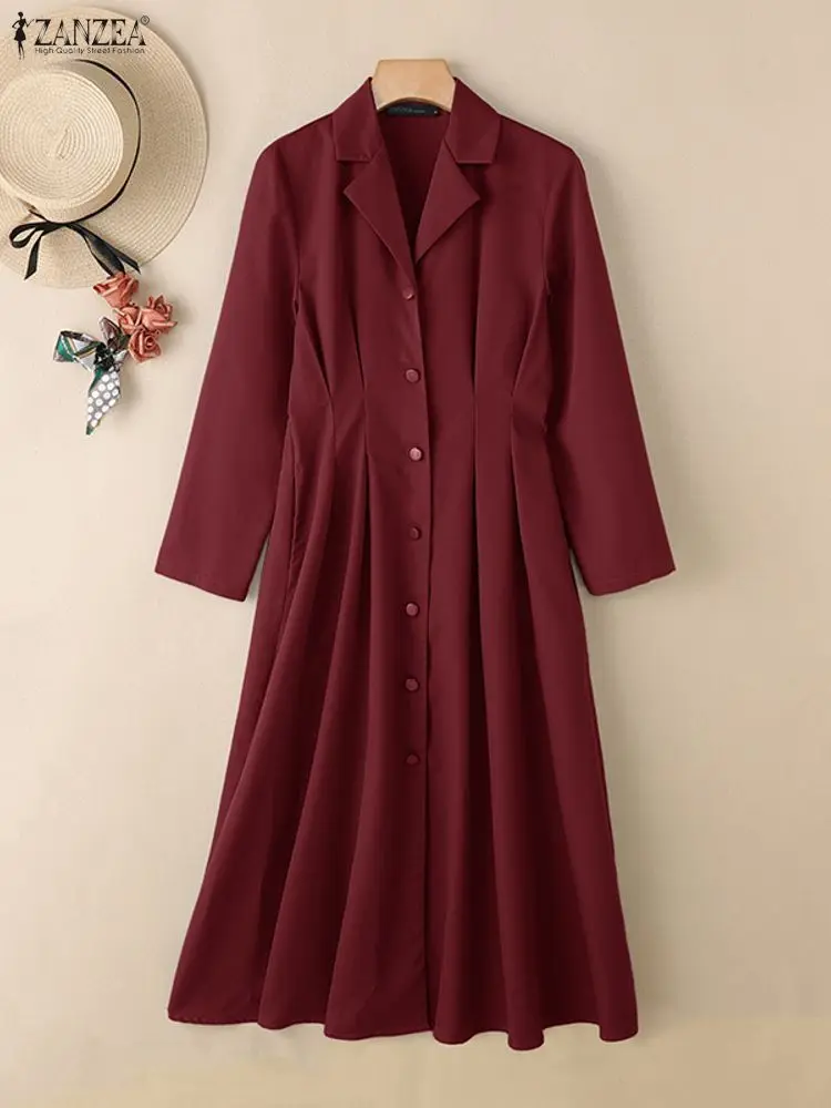 

ZANZEA Women Fashion Cinched Waist Long Dresses 2026 Spring Lapel Neck Long Sleeve Button Up Maxi Shirtdress Woman Clothes 3XL