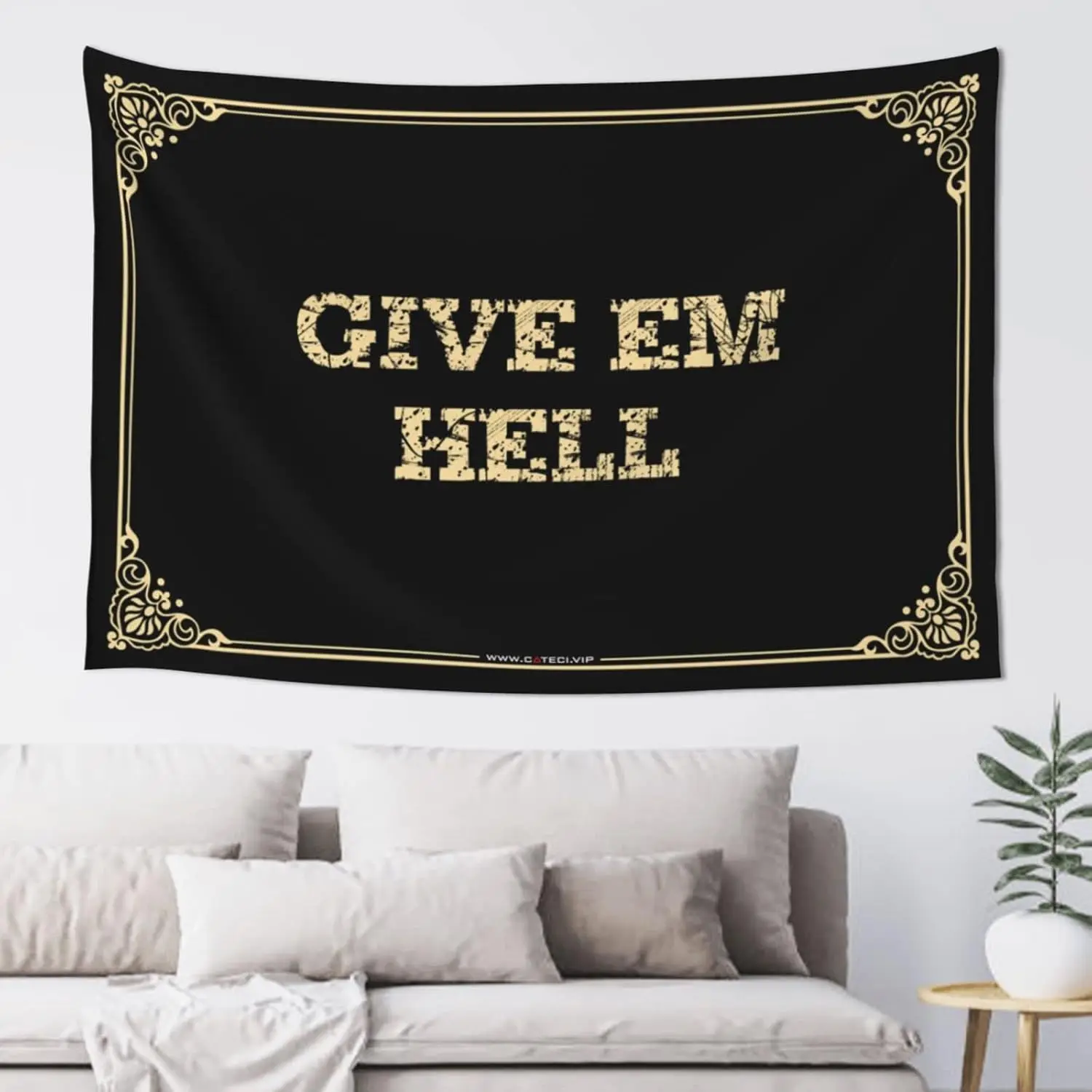 Decorative Wall Tapestry Give Em Hell Quote Grunge Black Background Gothic Boho Style Art Poster for Living Room Bedroom Decor M