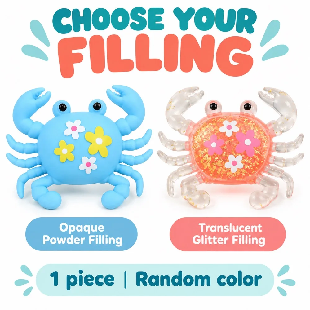 Crab Squishy Squeeze Toy with Flower Details Powder or Glitter Filling Ocean Animal Desk Fidget Gift for Adults One Random Color