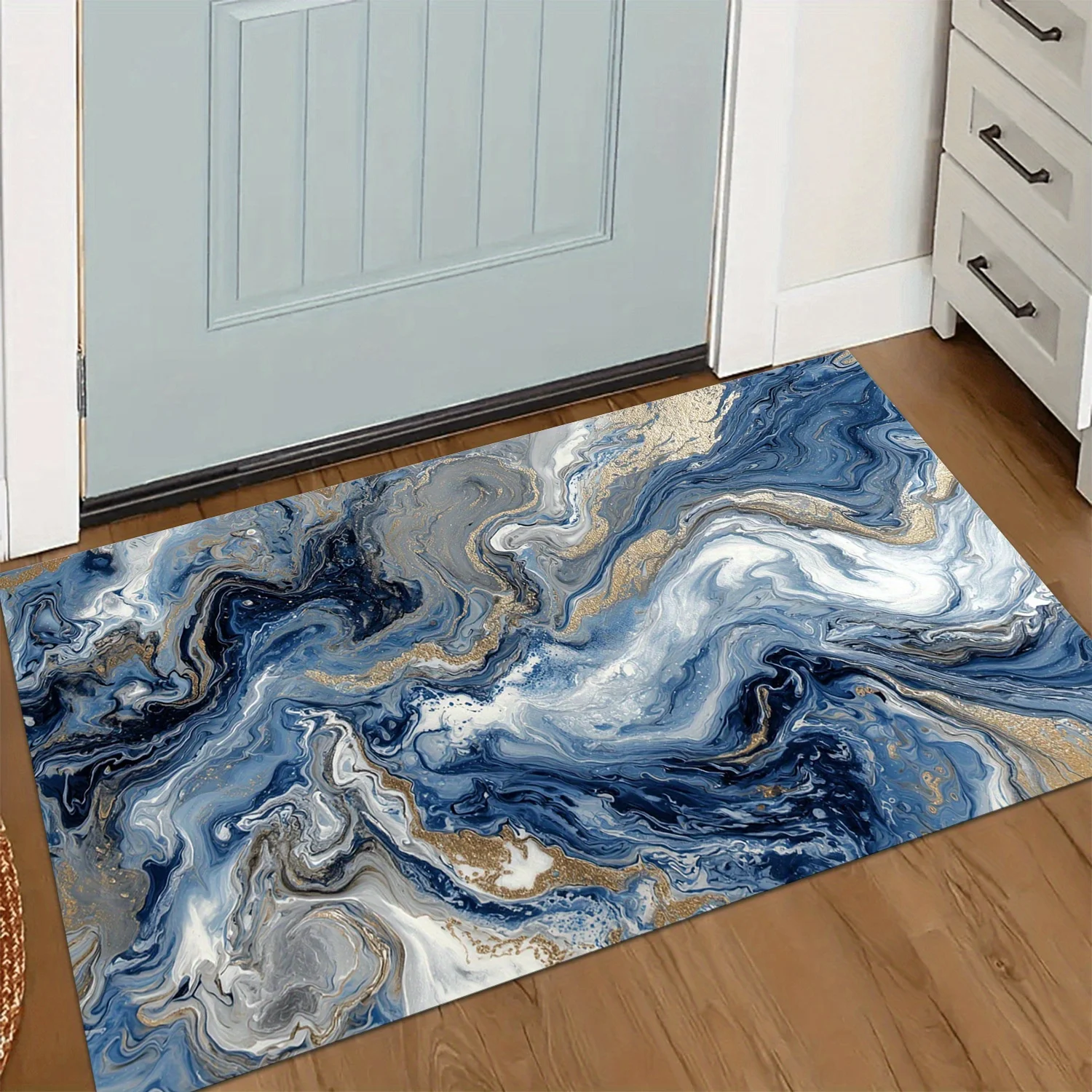 Luxury Blue Gold Marble Doormat Abstract Fluid Print Non Slip Entry Rug For Entryway Living Room And Elegant Home Decor
