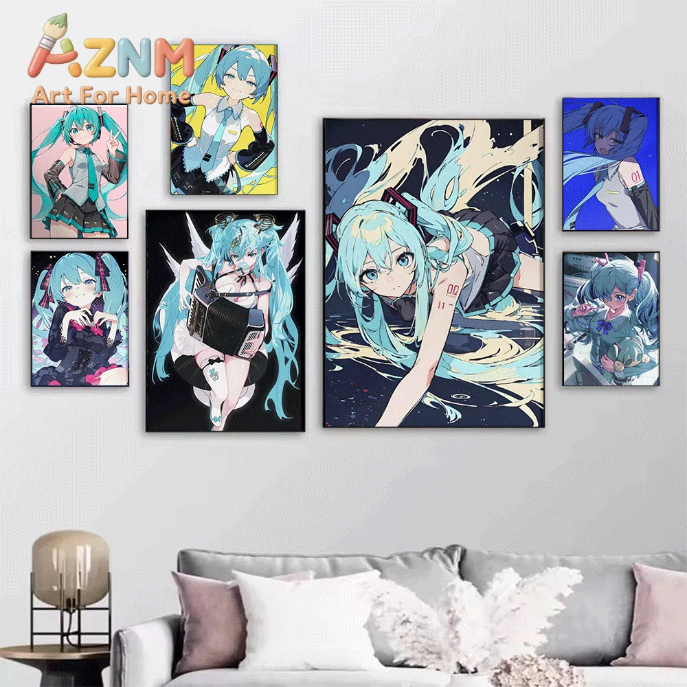 AZNM Hatsune Miku 16th Anniversary Canvas Painting, Frameless Canvas Wall Art, Virtual Singer Anime Wall Painting for Bedroom