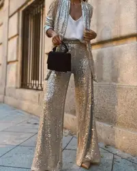 Spring/Summer New Fashion Sequin Long Sleeved Lapel Coat + Wide Leg Pants For Women