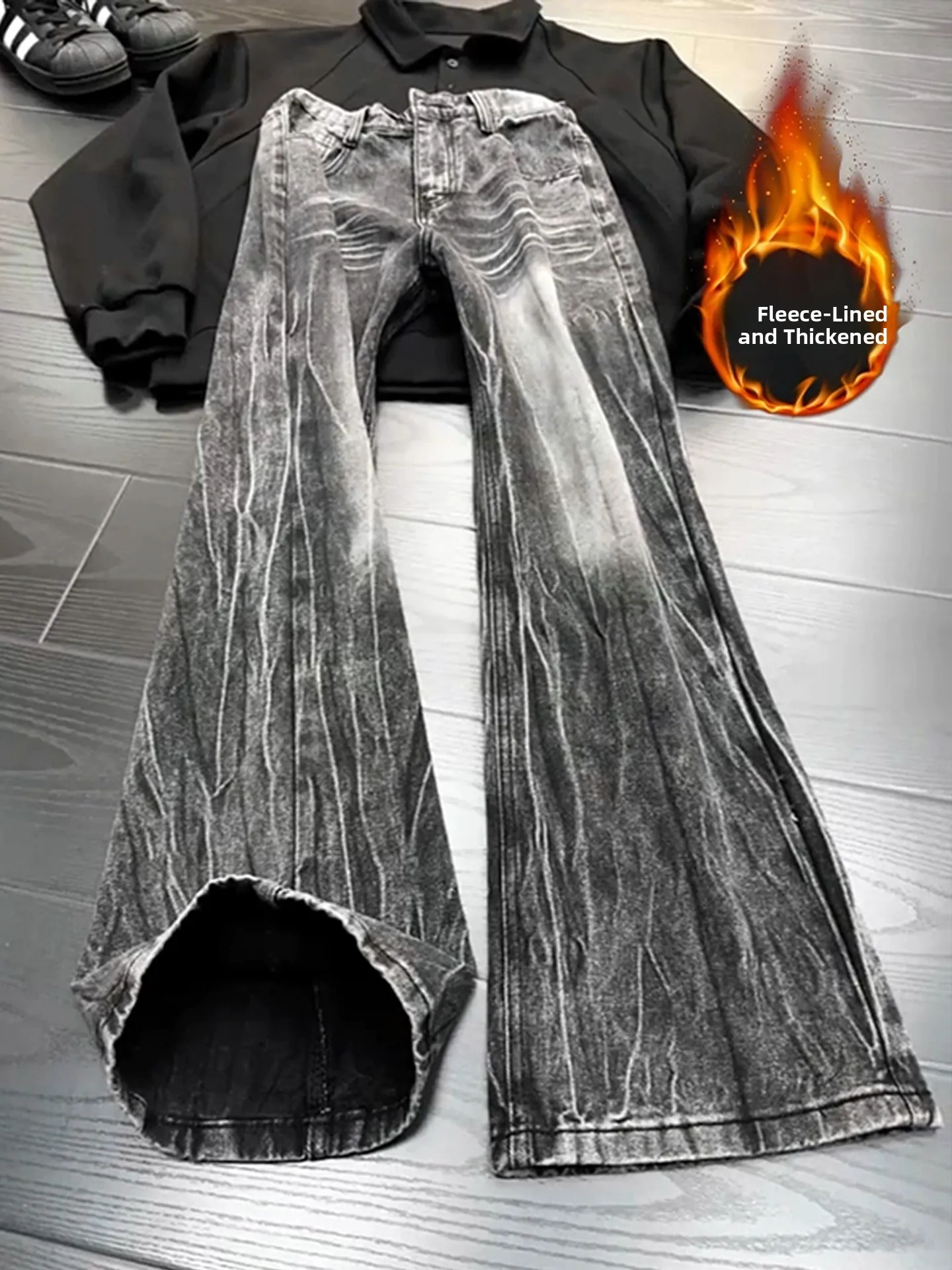 

Men's High Waist Straight Leg Fleece Lined Lightning Pattern Denim Jeans Black Grey Autumn Winter High Street Style Trousers