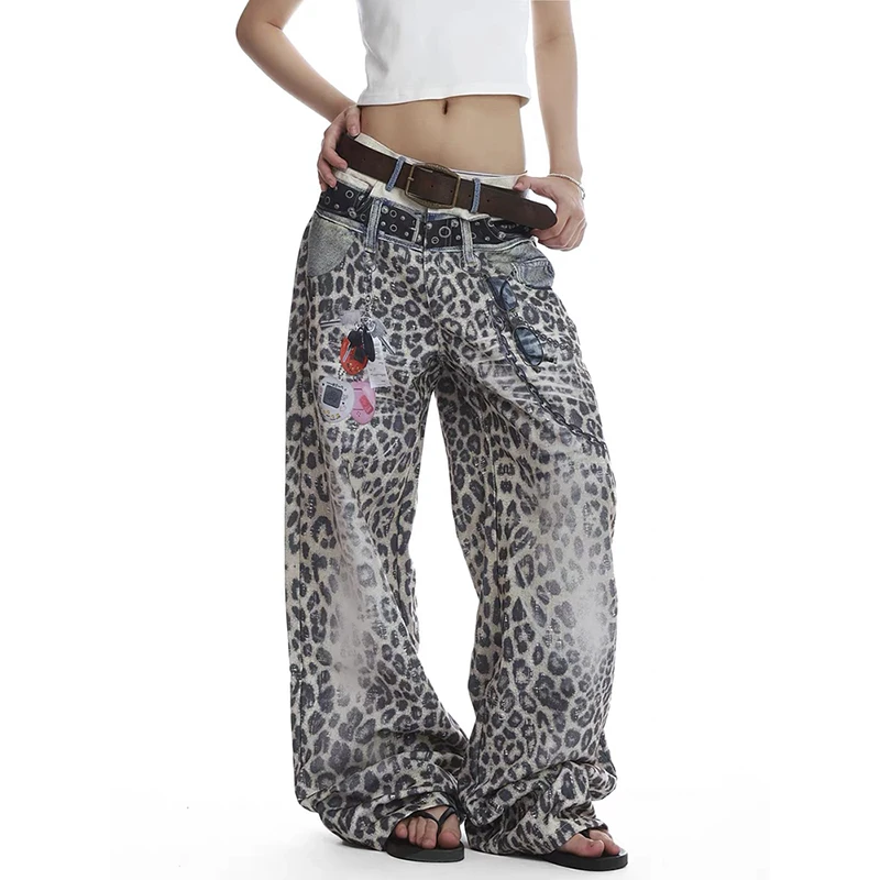 ZHIZOU 女性ゆったり Y2k ヒョウ柄ジーンズ日本 90 年代ヒップホップオーバーサイズグラフィティ 3D ジーンズパンツヴィンテージ原宿デニムパンツ秋