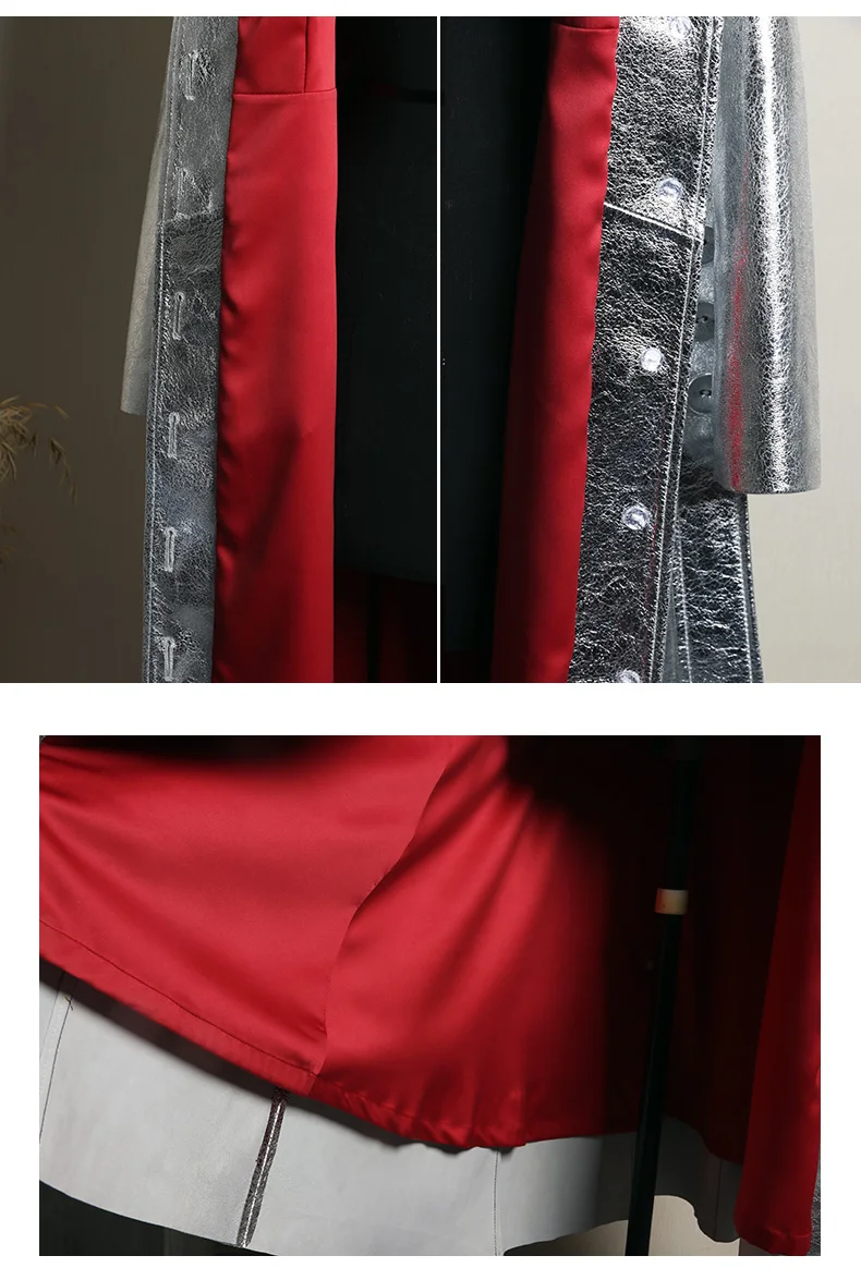 Lautaro Spring Autumn Extra Long Cool Silver Shiny Reflective Pu Leather Trench Coat for Women with Hood Luxury Runway Fashion