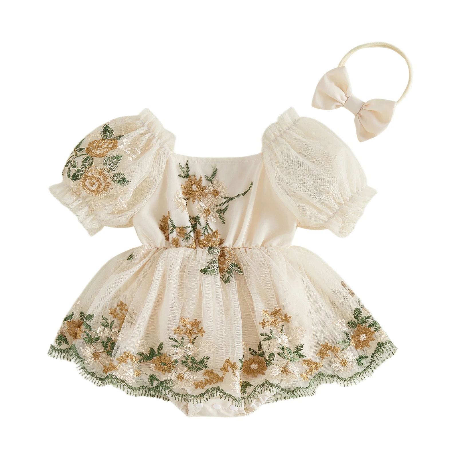 

Летние наряды для маленьких девочек, сетчатый комбинезон с короткими рукавами и цветочной вышивкой, платье и повязка на голову с бантом, комплект из 2 предметов, 0-24 месяца