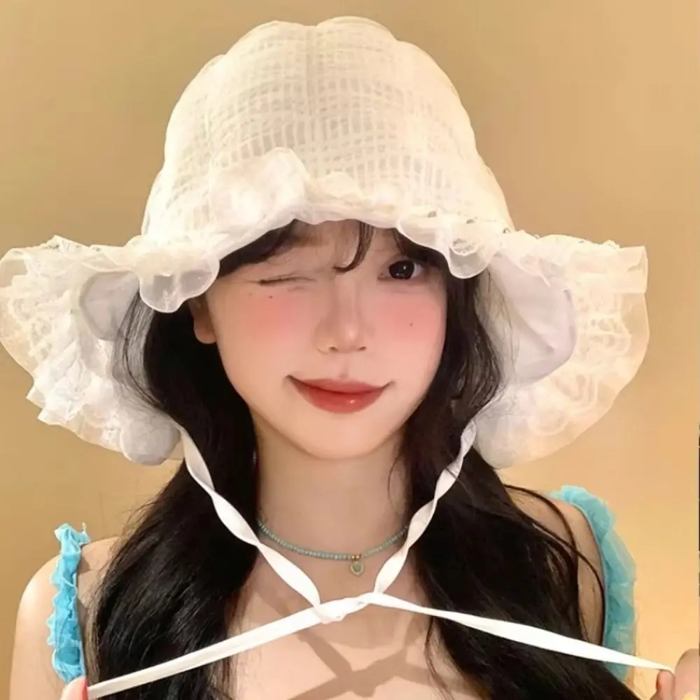 

Breathable Summer Lace Bucket Hat White Lolita Fisherman Hat Sweet Thin Visor Basin Cap Outdoor