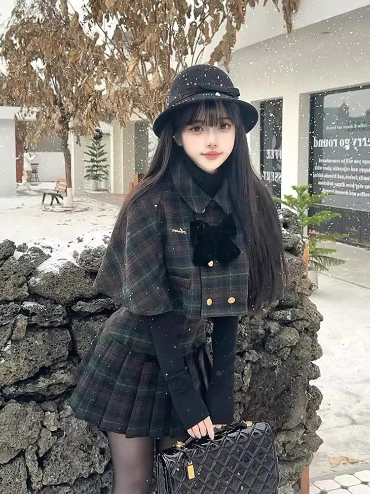 Setelan Rok dan Mantel Wol Korea Briti College untuk Wanita, Model Plaid Baru Musim Dingin, Rok Panjang dengan Kancing Bulat