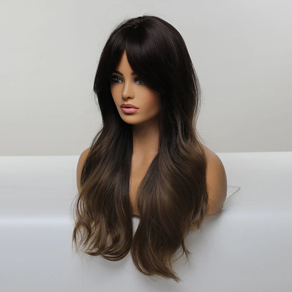 Emmor-Perruque Synthétique Longue Ondulée avec Frange pour Femme, Fibre Haute Température, Ombre Naturelle, Marron à Blond Foncé