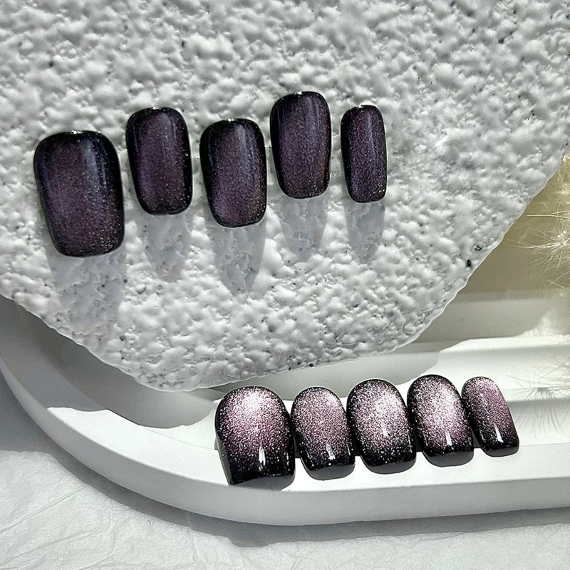10 piezas misteriosas simples cortas hechas a mano prensa en las uñas Super brillo púrpura ojo de gato arte uñas postizas removibles reutilizables
