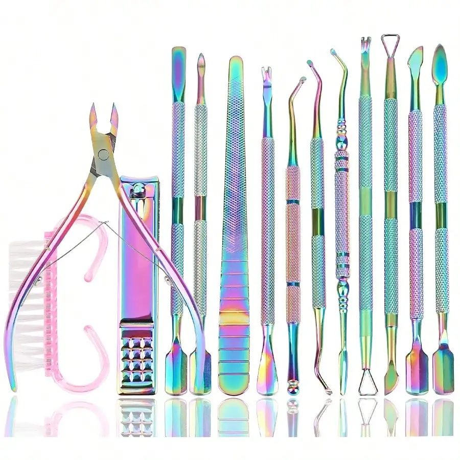 

14pcs Cuticle Pusher And Nail File Set, Professional Stainless Steel Nail Care Set, Cuticle Pusher, Manicure & Pedicure Tools, UV Gel Polish Remover, Groove Cleaning Kit For Fingernails And Toenails Dead Skin Nail Tech Supplies