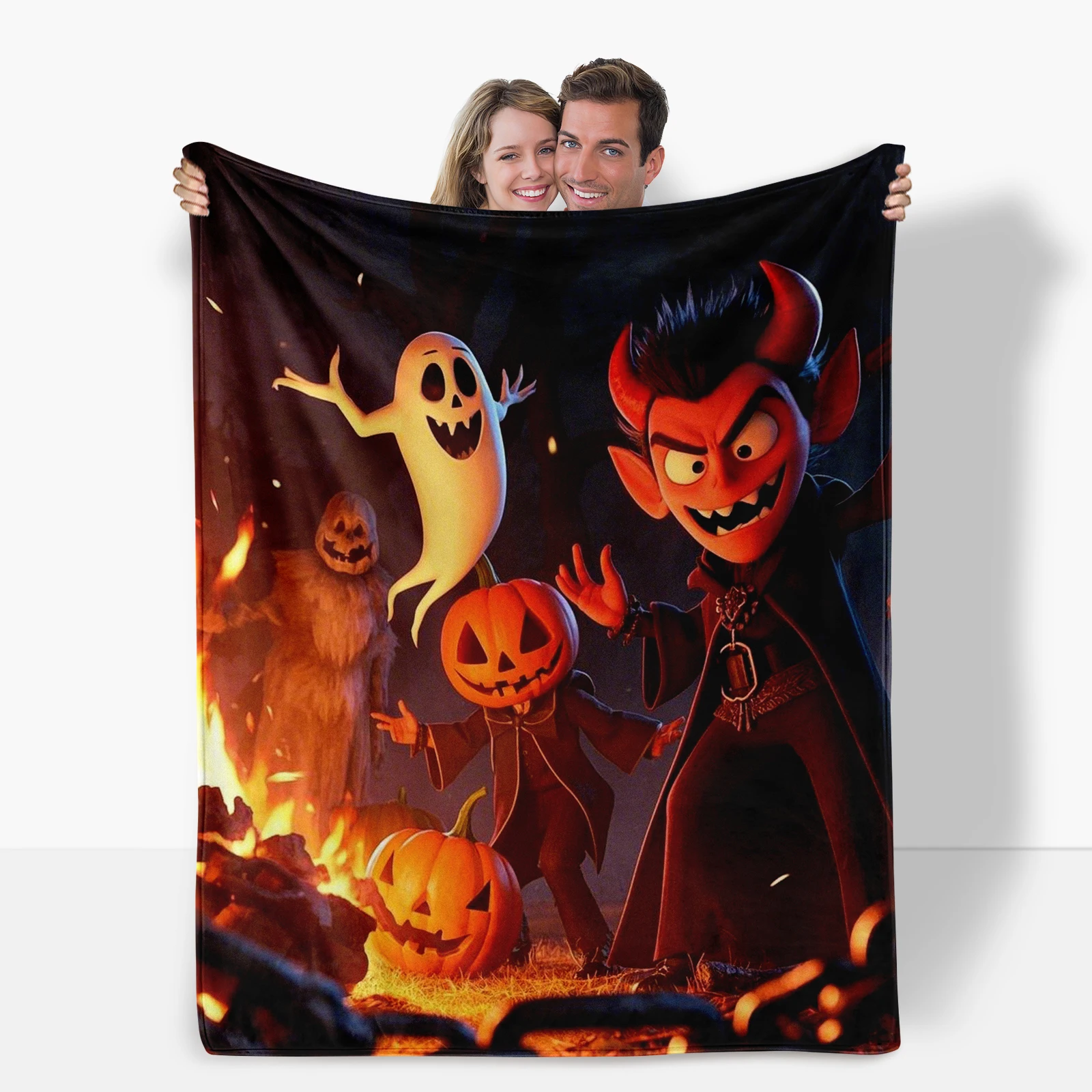 Ghost Halloween Flannel Blanket With Demon And Bonfire Design, Soft And Cozy For Family Scary Story Nights