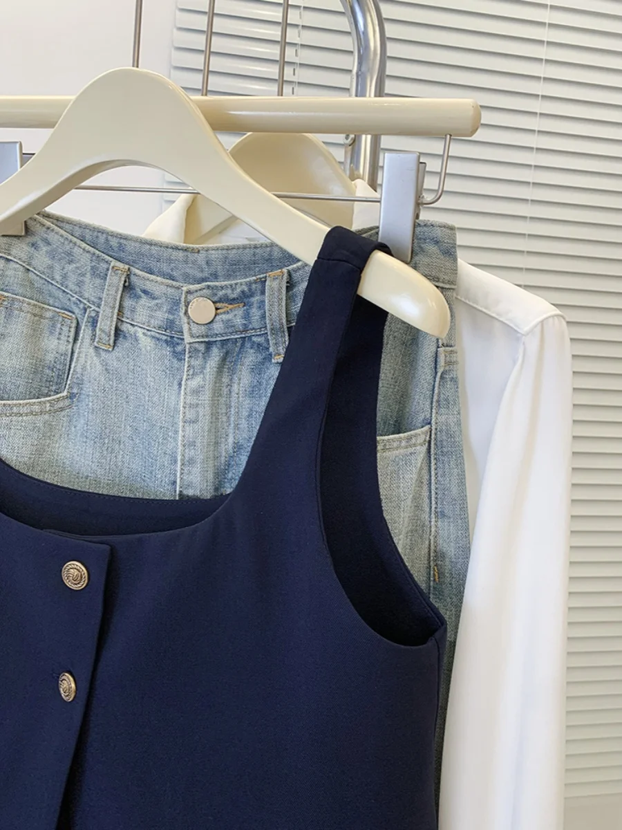 Ele Square Collar ort Women's  Vest Autumn Winter Faion Outerwear U-Neline Single Button Closure Trendy Top