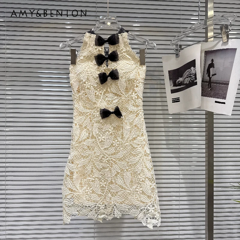 

French Elegant Lace Hollow Out Hook-tie Bow Women's Short Dress 2026 Summer New Temperament Slimming Halter Vest Dresses Ladies