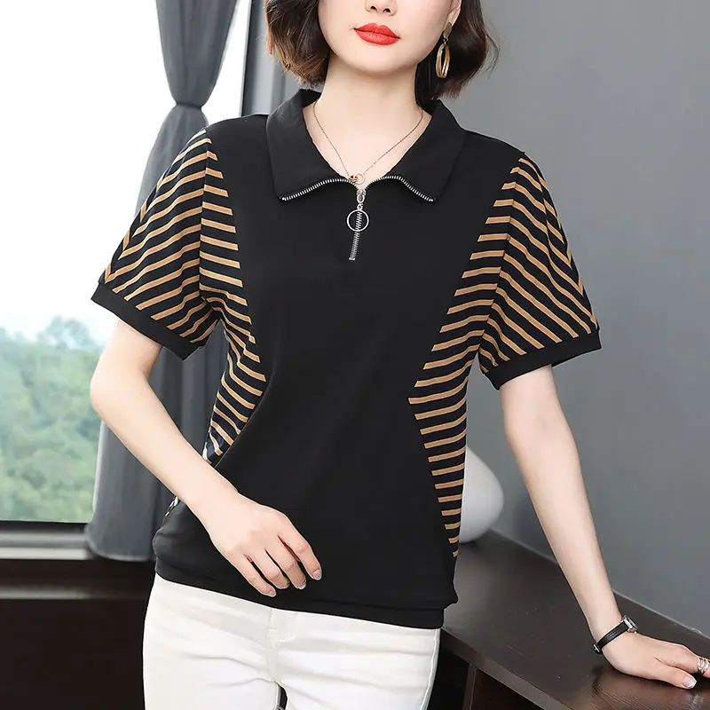 Summer New Cotton Short Sleeved T-shirt Women's Panelled Stripe Lapel Zipper Loose Versatile Korean Fashion Simple Polo Neck Top