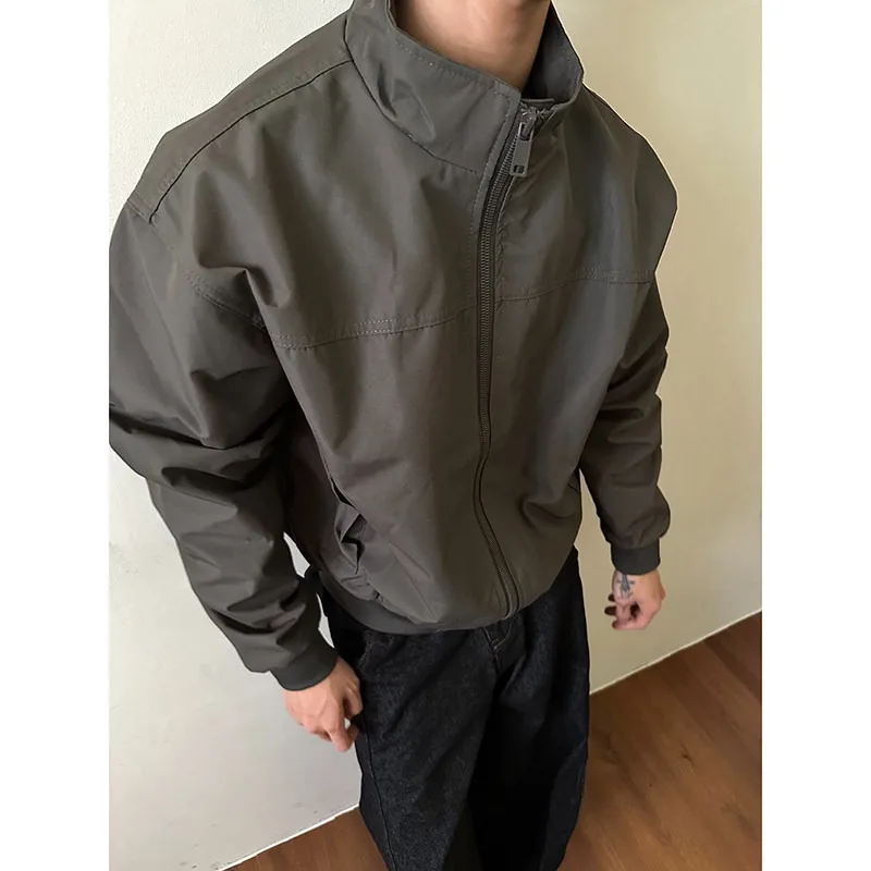 Men Stand Collar Zip Up Bomber Jacket Solid Color Loose Casual Windproof Lightweight Outdoor Windbreaker Daily Streetwear Male